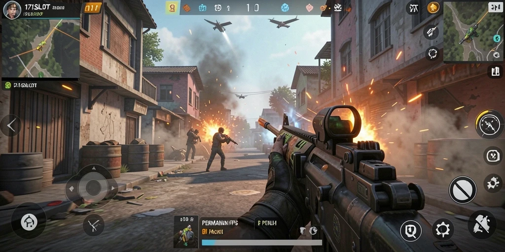 Tangkapan layar utama 171SLOT menunjukkan aksi mendebarkan di medan tempur FPS.
