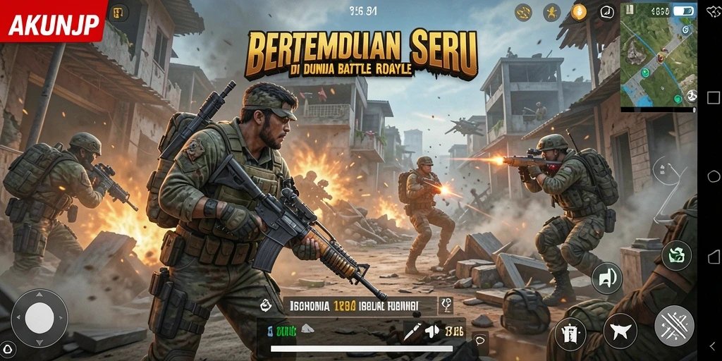 Screenshot gameplay AKUNJP menampilkan pertarungan seru di arena Battle Royale.