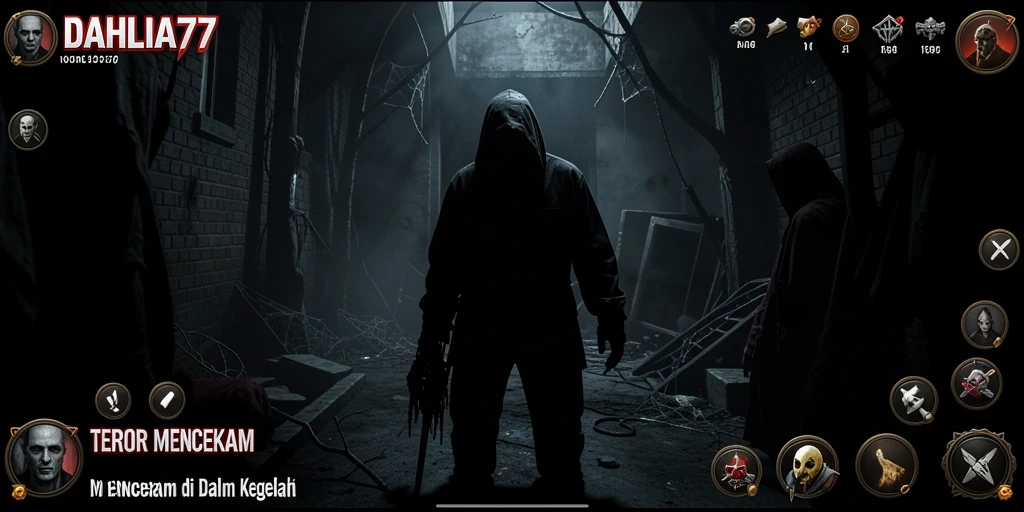 Screenshot utama DAHLIA77 menampilkan suasana gelap dan mencekam saat gameplay.