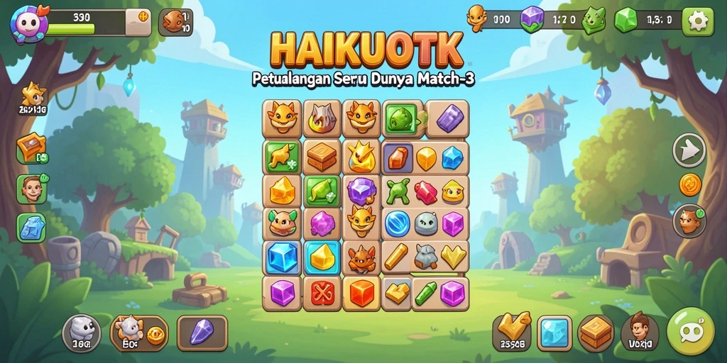 Tampilan gameplay HAIKUOTK dengan karakter berwarna-warni dan tantangan Match-3.