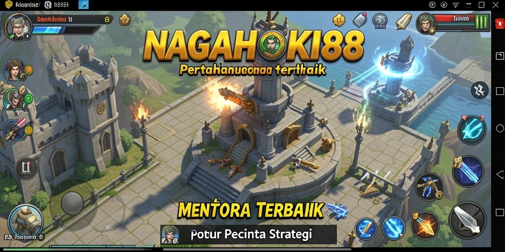 Screenshot gameplay dari NAGAHOKI88 menunjukkan menara yang strategis dan musuh yang menyerang.